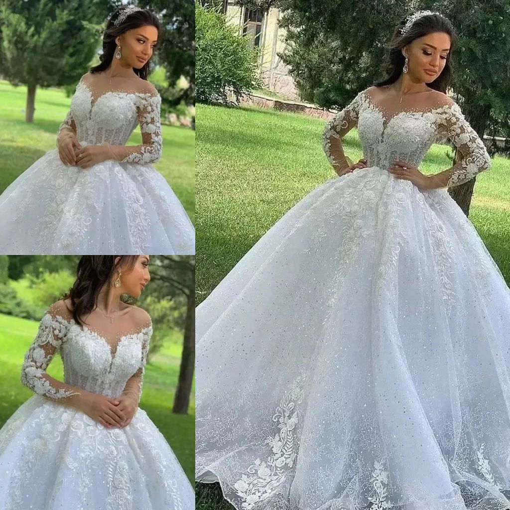 Vestidos de novia de encaje brillante Vestido de bola de princesa 2022 Flores de cuentas Ilusión Vestidos de novia de encaje brillante Vestido de bola de princesa 2022 Flores de cuentas Ilusión