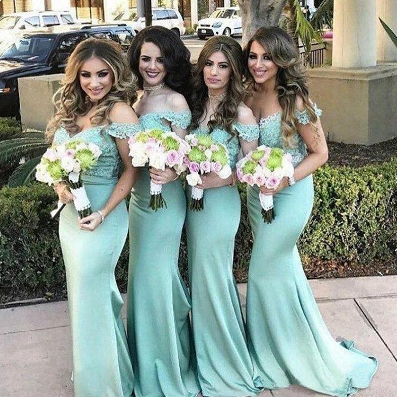 2022 Elegant Mint Green Mermaid Bridesmaid Dress Vintage Lace Top Off the  Shoulder Wedding Guest Maid