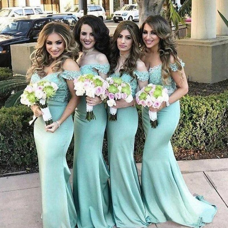 2022 Elegant Mint Green Mermaid Bridesmaid Dress Vintage Lace Top Off the Shoulder Wedding Guest Maid 2022 Elegant Mint Green Mermaid Bridesmaid Dress Vintage Lace Top Off the Shoulder Wedding Guest Maid
