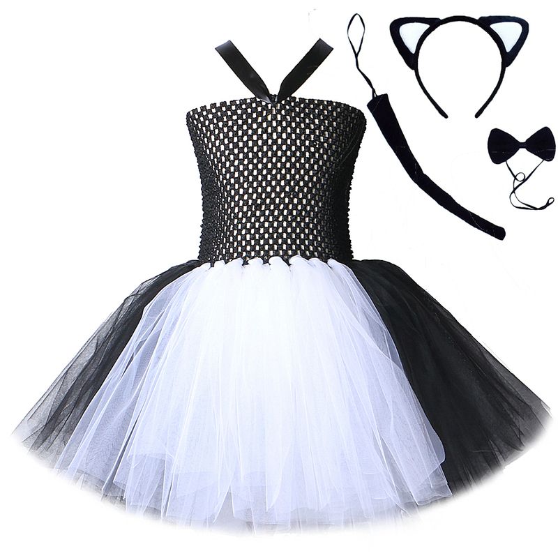 Traje de Halloween de niños de gato negro blanco para niñas vestido de tutu para niños Traje de Halloween de niños de gato negro blanco para niñas vestido de tutu para niños