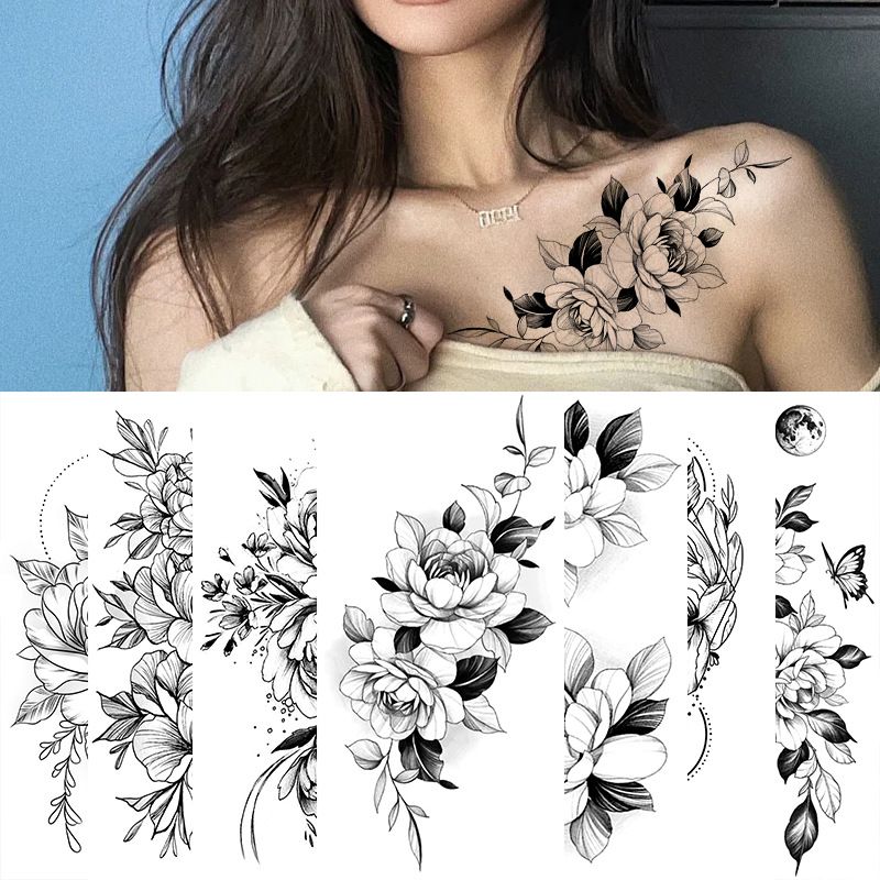 Pegatina de tatuaje falso del modelo de la flor negra de gran tamaño para  las mujeres