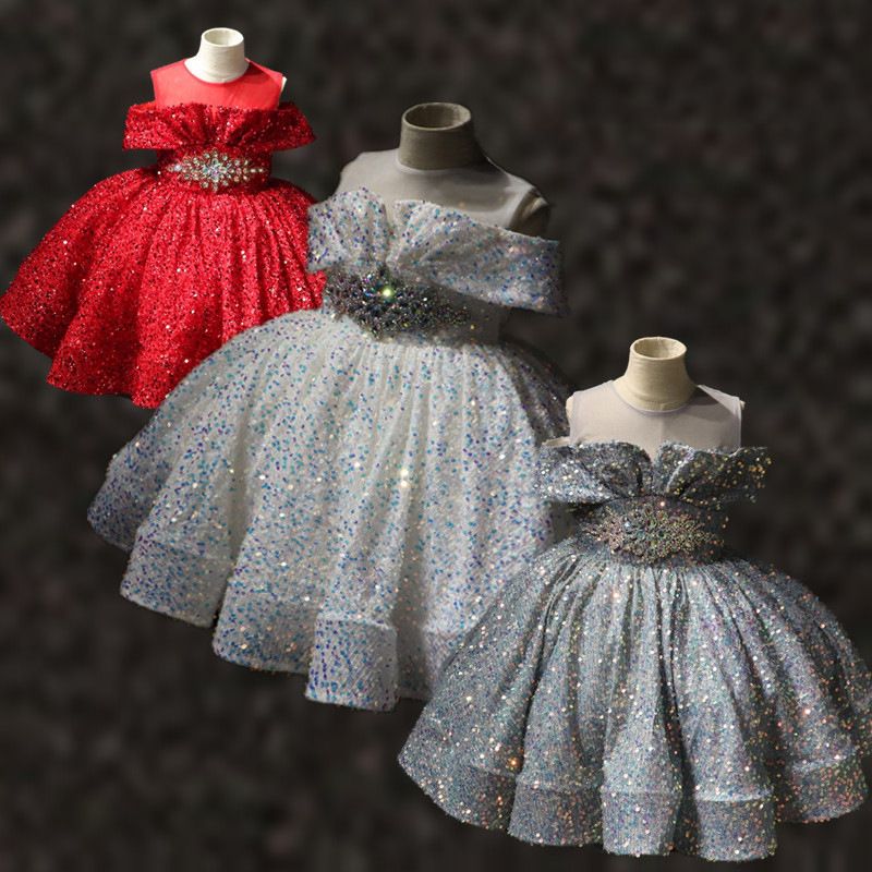 2022 Luxury Sequin Girls Prestas de concurso plateado Bling Fluffy fuera del hombro Vestidos de niña 2022 Luxury Sequin Girls Prestas de concurso plateado Bling Fluffy fuera del hombro Vestidos de niña