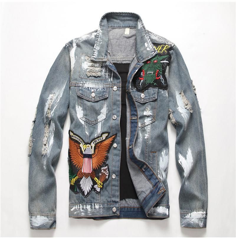Mens Jackets Men'S Male Slim American Flag Embroidered Ripped Jean  Jacket Trendy Letters Birds Distressed Denim Top Coat OuterwearMens From  Insightlook, $46.51