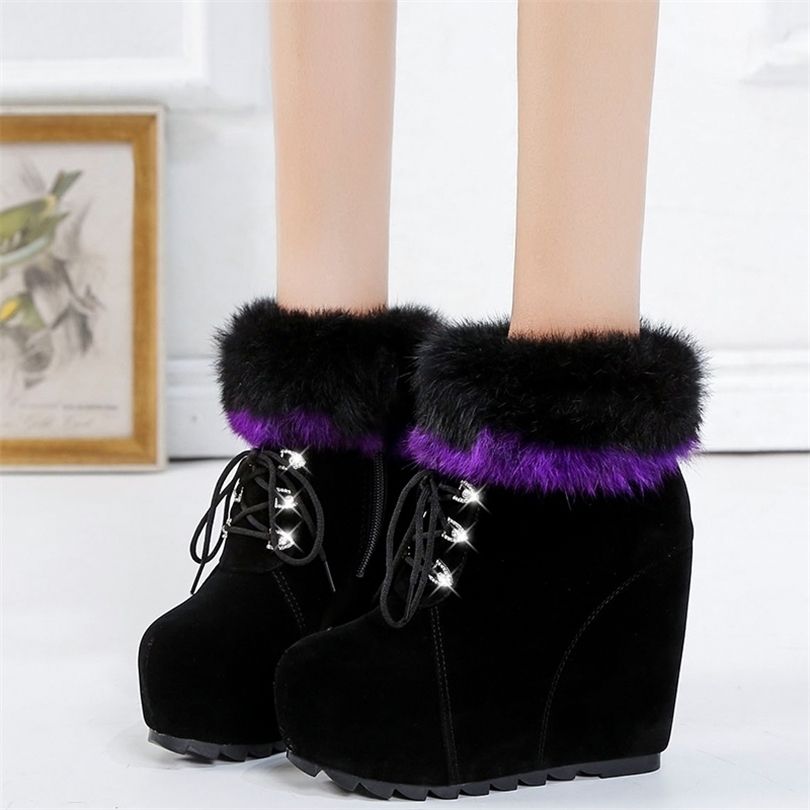 Rimocy Crystal Lace Up Fluffy Fur Ankle Boots Women Super High