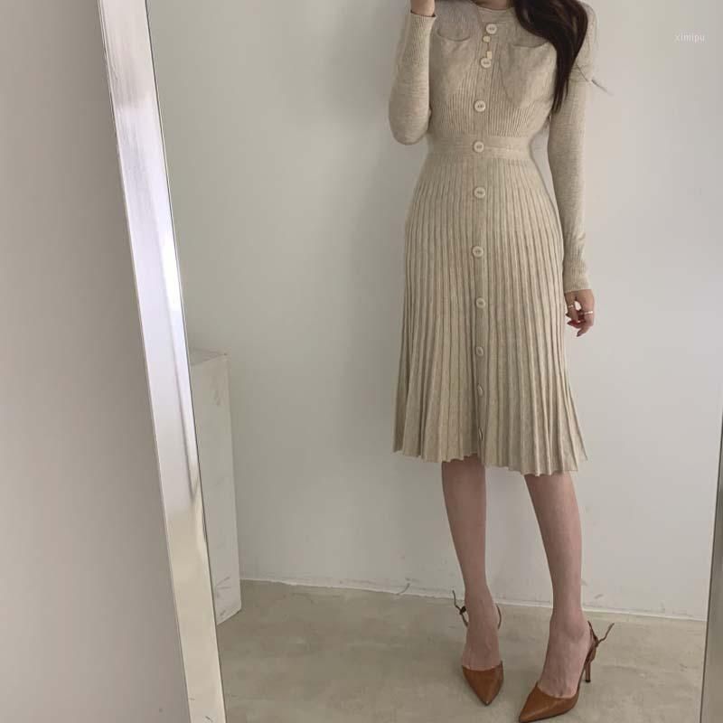 Casual Dresses One Piece Women Sweater Dress Winter Korean Chic Elegant Single Breasted Pleated Knitted Long Sleeved 22 Fashion Slim From Ximipu 28 44 Dhgate Com