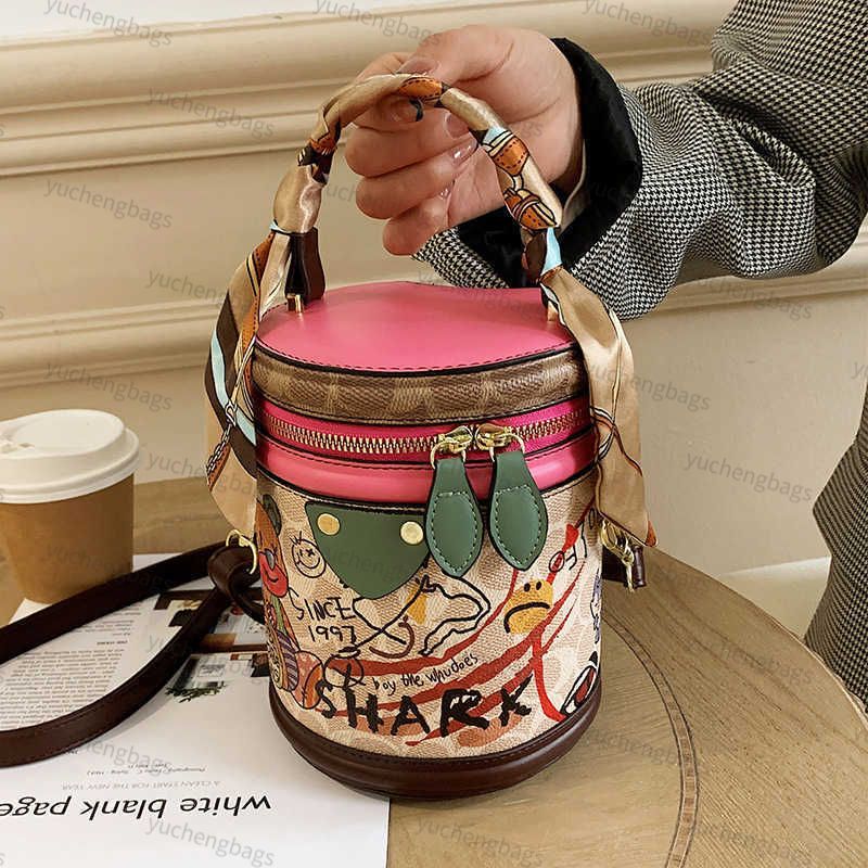 Graffiti Cylindrical Bag Luxury Brand Designer Bags for Women PU