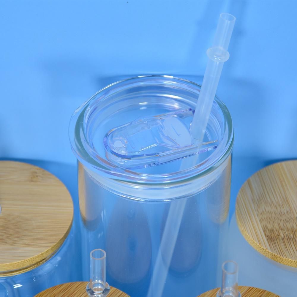 sublimation 12oz glass can with bamboo lid reusable straw beer Can Transparent frosted Glass Tumbler Soda Can Cup
