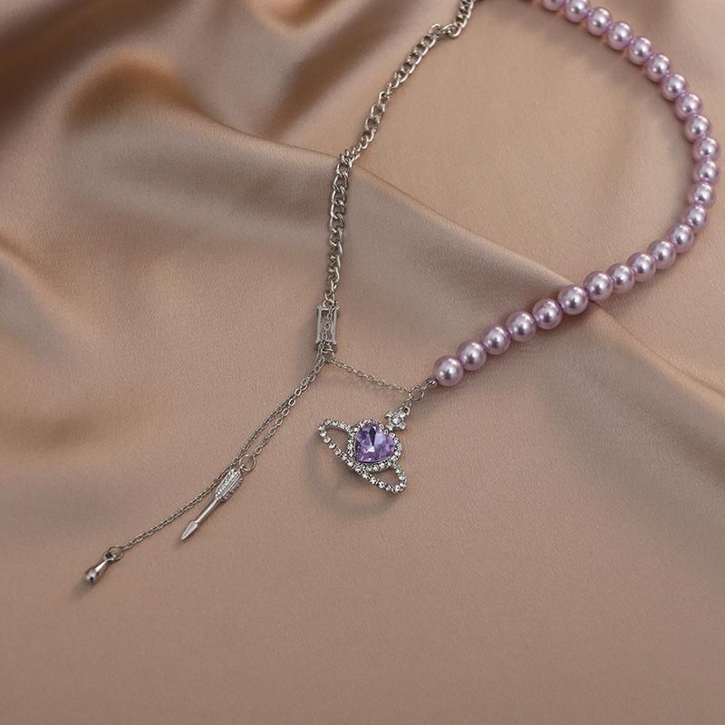 Collane con ciondolo a forma di cuore in cristallo viola Collana con universo per donna Squisita collana con perline di perle Catena girocollo Festa_voghion.com