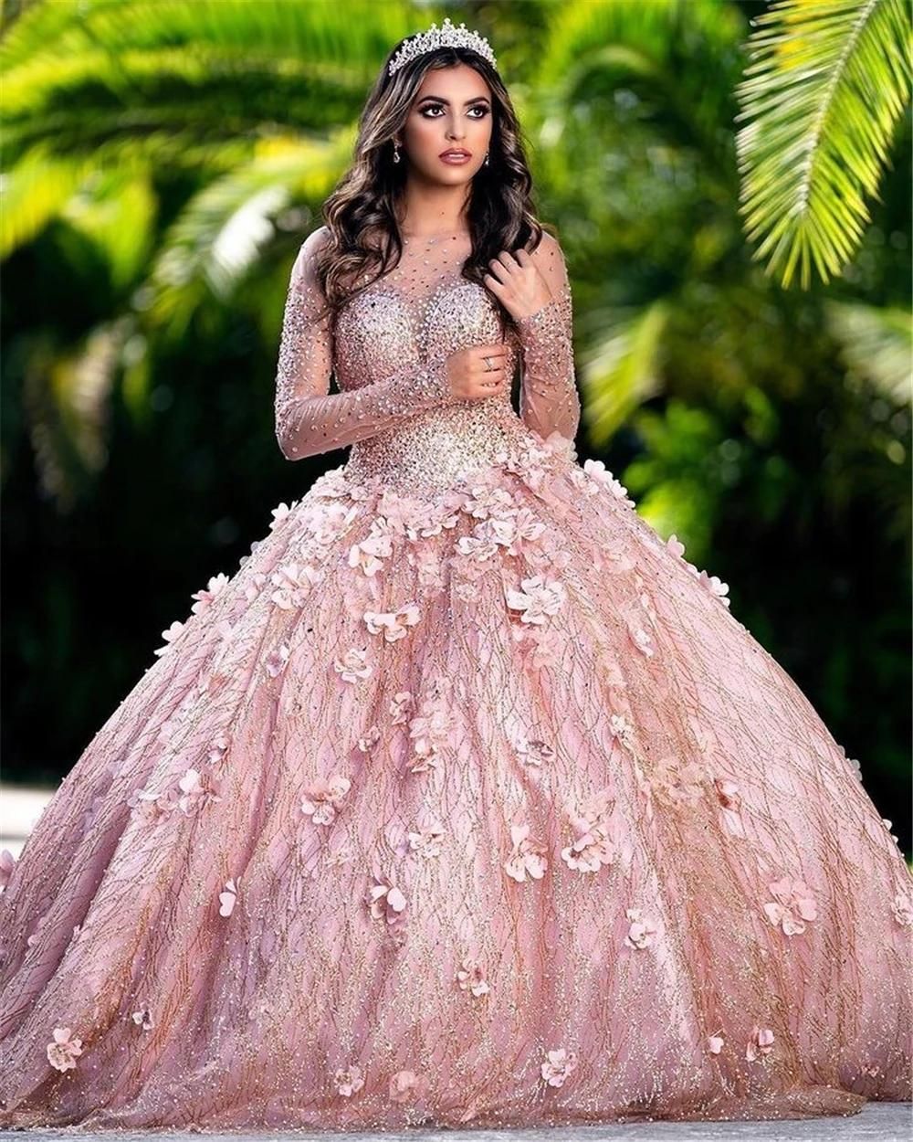 Dorado rosa Pink Pink Quinceanera Vestidos con cuentas 3D Illusion Floral de manga larga Corsé Back Dorado rosa Pink Pink Quinceanera Vestidos con cuentas 3D Illusion Floral de manga larga Corsé Back