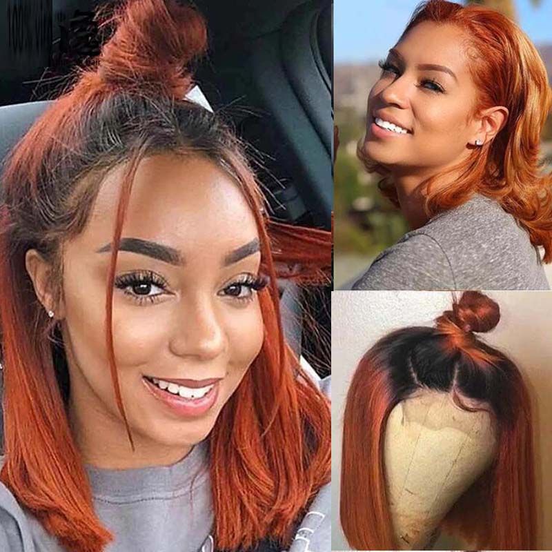 Short Bob Human Hair Wigs Straight Hair Ombre 1b/350 Orange Ginger color  Cut Wig For Black Women