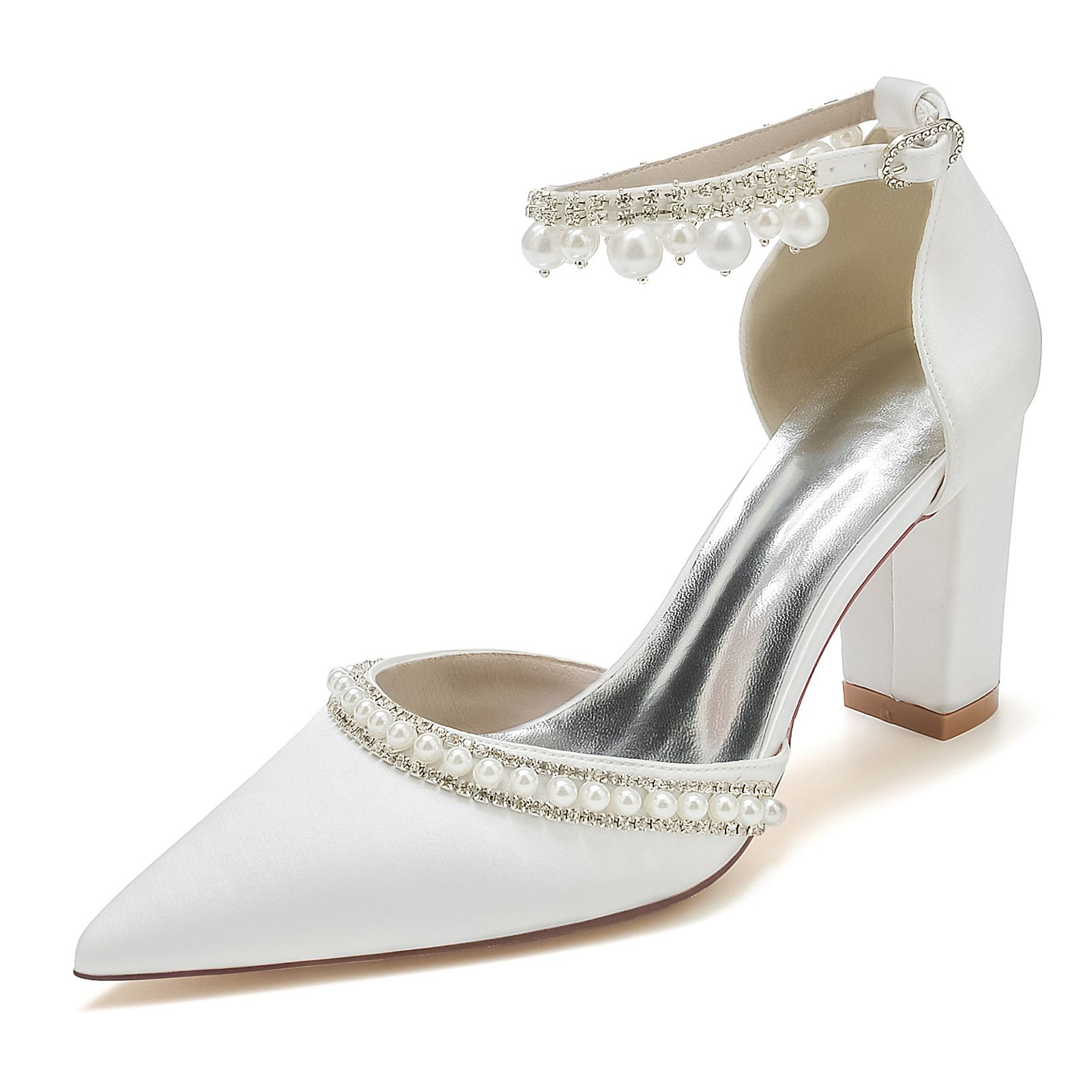 White Silk Satin Wedding Shoes Pointed Toe Elegant Pearls Sparkle