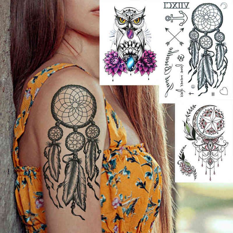 NXY Temporary Tattoo Large Dreamcatcher Tattoos for Women Owl Flower Moon  Sticker Black Fake Tatoos Paper