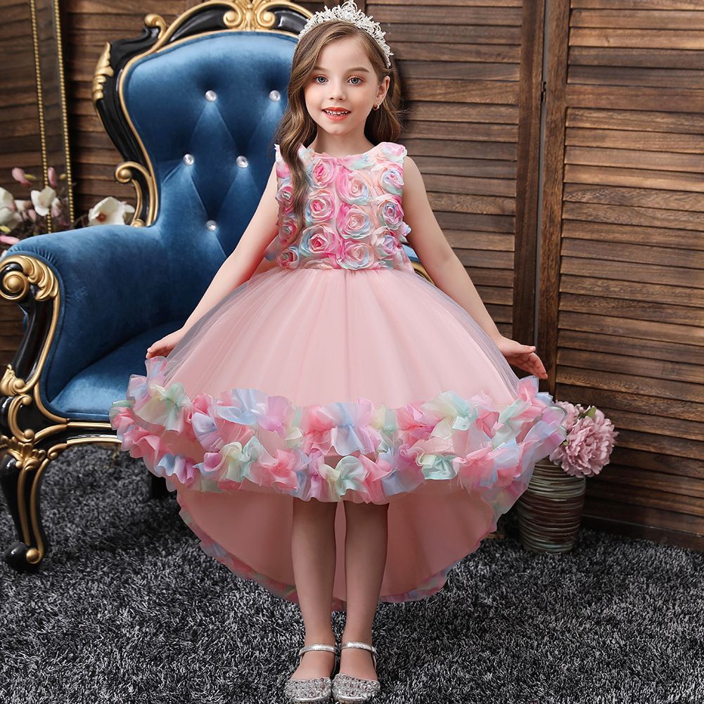 Vestidos de niña primavera para niños Nuevo vestido de cola larga de flores tridimensionales tul color Vestidos de niña primavera para niños Nuevo vestido de cola larga de flores tridimensionales tul color
