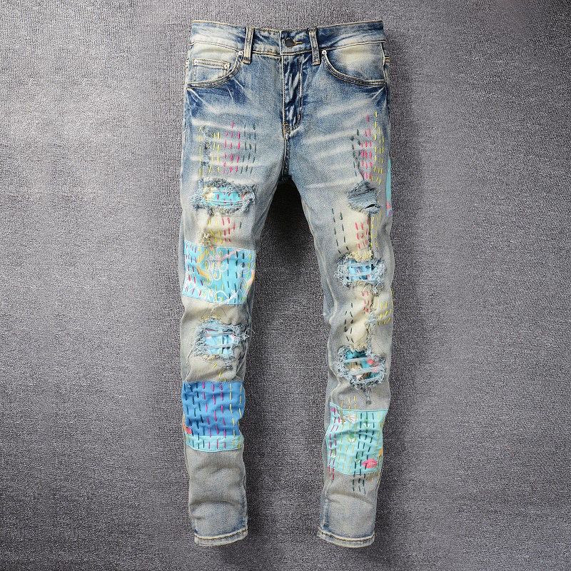 Mens Jeans Cool Style Luxury Fashion Embroidered Patches Denim Pant  Distressed Ripped Biker Black Blue Men Slim Pencil Jean Slim Fit Motorcycle  From Qinminjie503, $42.27