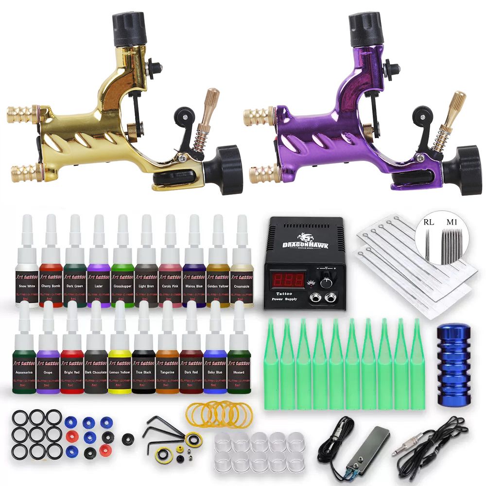 Complete Tattoo Kit 2 Rotary Machine Dragonfly Gun Power Supply Ink Needles Tips D175GD-16 Complete Tattoo Kit 2 Rotary Machine Dragonfly Gun Power Supply Ink Needles Tips D175GD-16