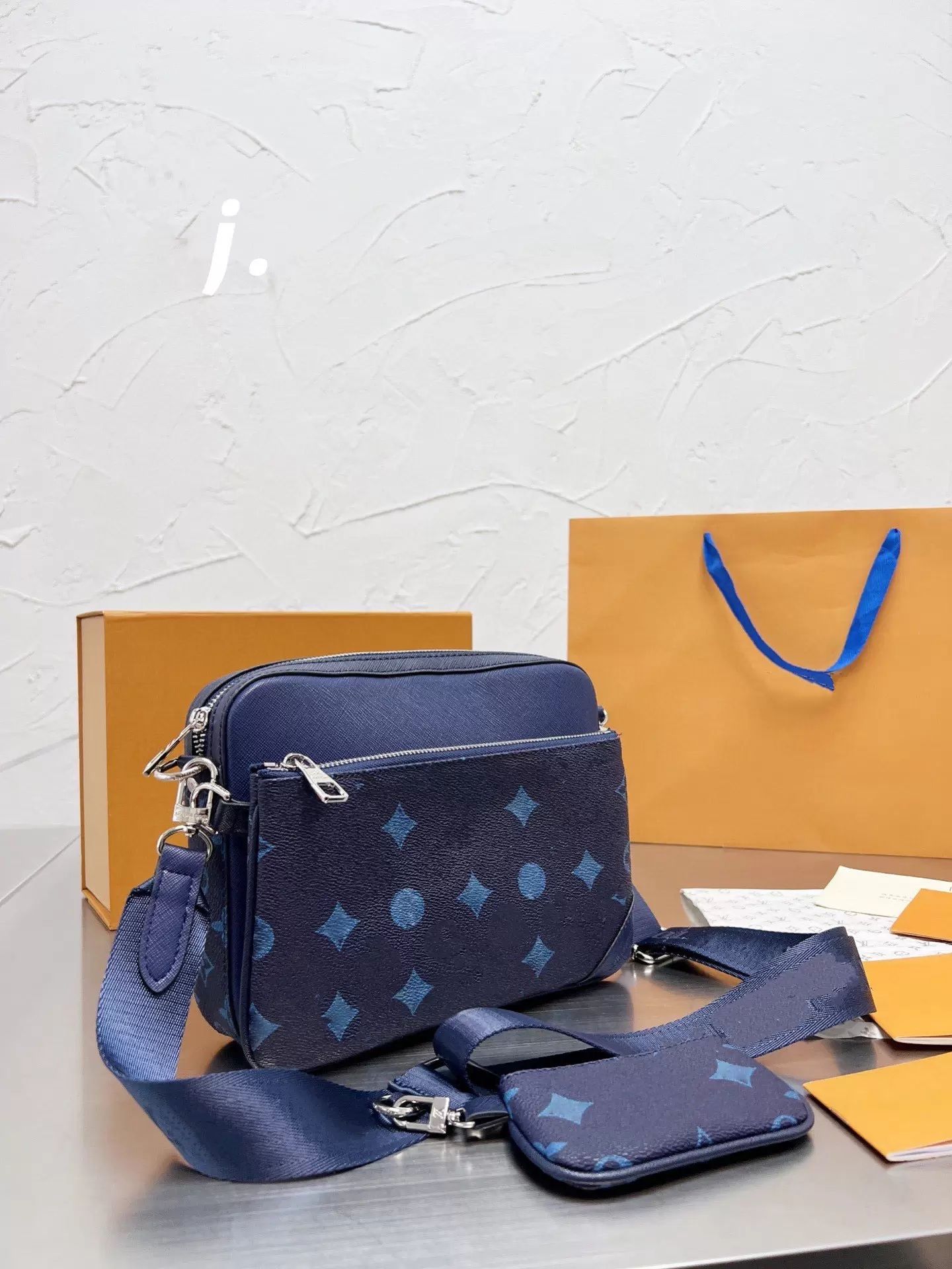 Louis Vuitton MONOGRAM Classic Trio Messenger Bag Blue Leather M30848