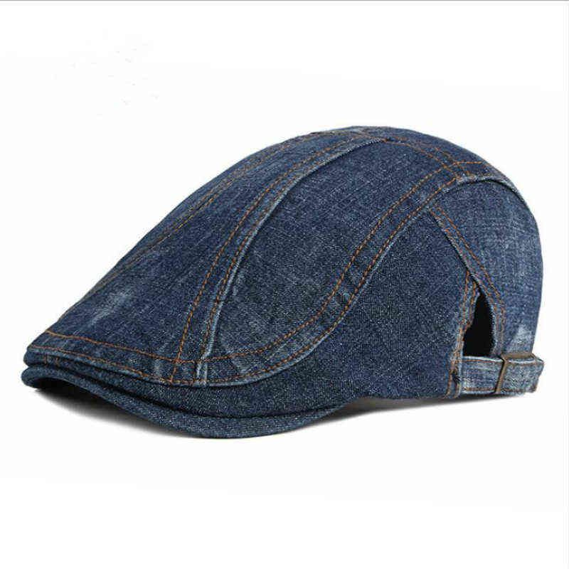 Washed Denim Beret Hat Vintage Jean Flat Cap British Western Style 