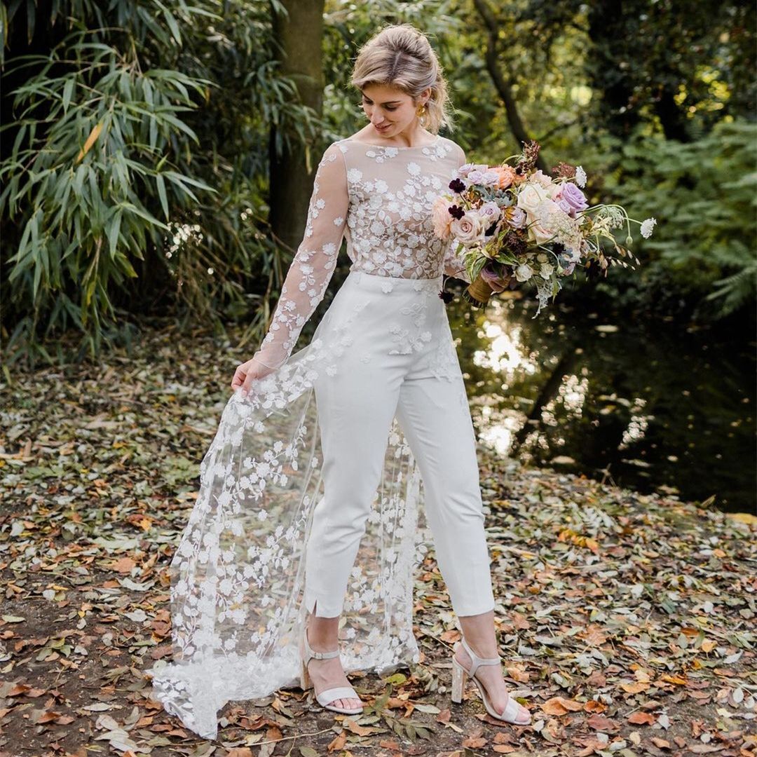 Sexy Open Back Pant Suit Wedding Dress 