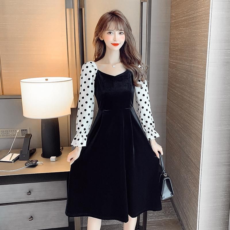 Vintage de manga larga para mujer vestido de una sola pieza vestidos de lunares coreanos negro Vintage de manga larga para mujer vestido de una sola pieza vestidos de lunares coreanos negro