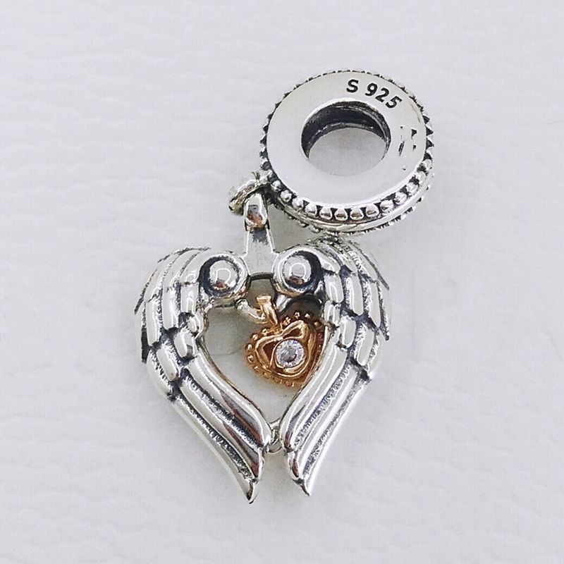 Club 2021 Angel Wings Heart Charm 925 Plata Charms para pulseras DIY Joyas Making