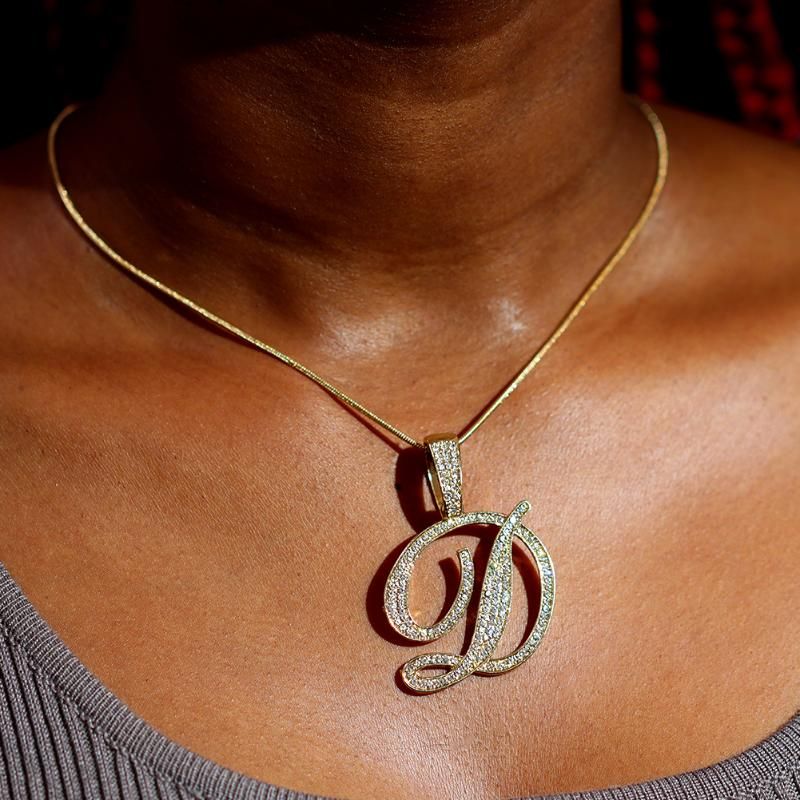Ketten Bling Iced Out Gepflasterte Strass Kursivbuchstaben Anhänger Halskette Für Frauen Mode A-Z Initial Seil Kette_voghion.com