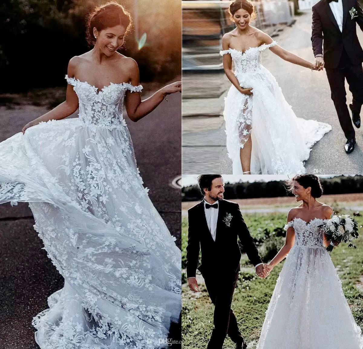 2022 Bohemian Wedding Dresses Off The Shoulder Lace 3D Floral Appliques A  Line Beach Wedding Dress Sweep Train Cheap Bhoh Bridal Gowns From Verycute,  $75.96 | DHgate.Com