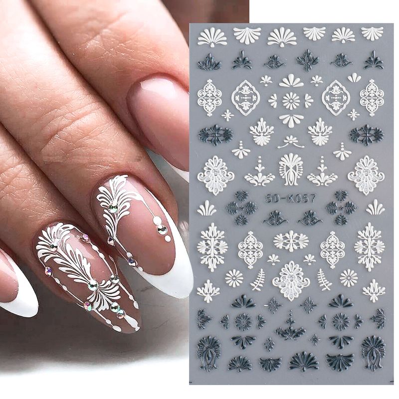 Segina de uñas acrílicas 5D grabado flores blancas deslizadores de encaje  en relieve diseño de arte