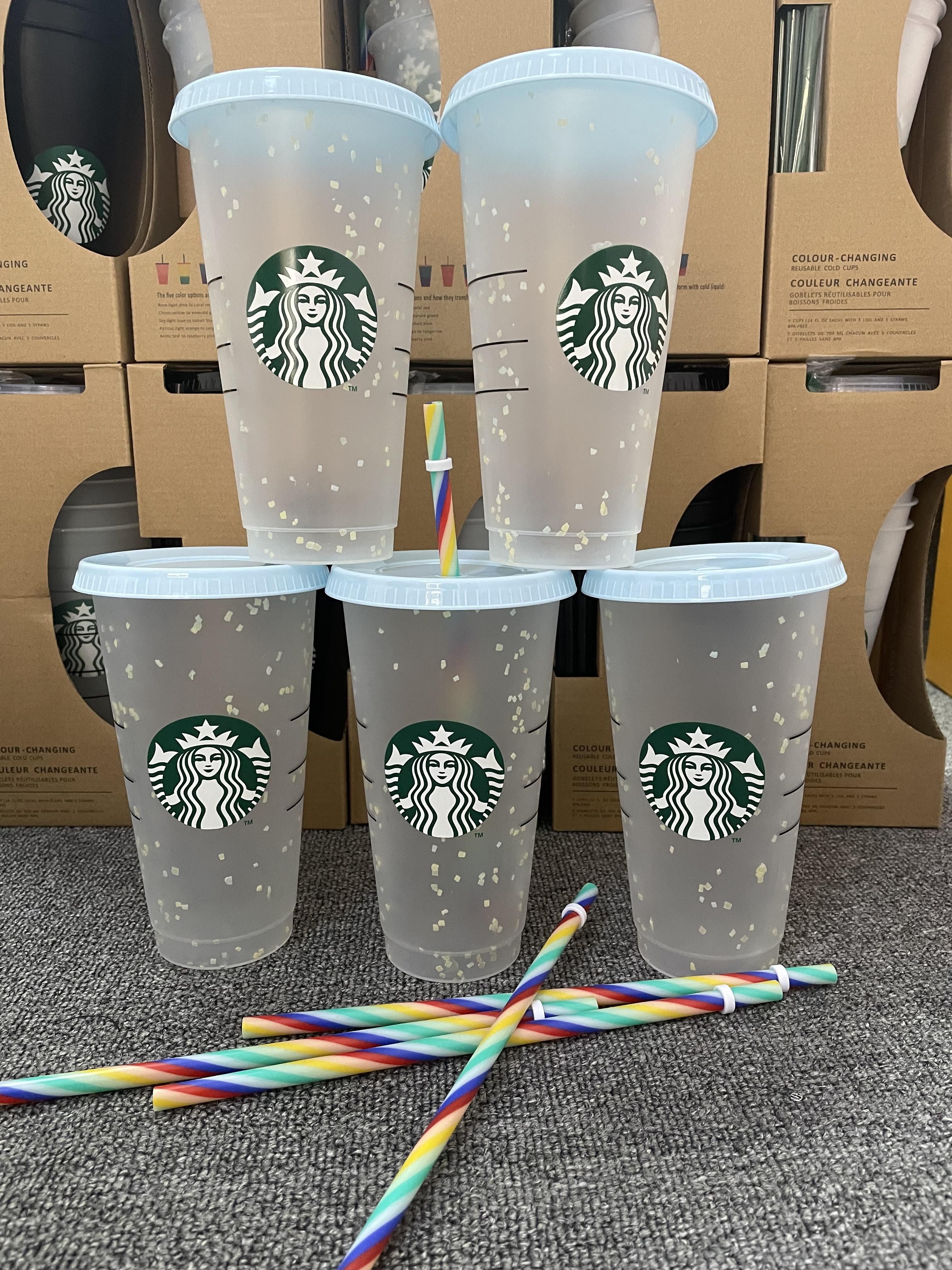 Starbucks 24oz/710ml Plastic Tumbler Reusable Clear Drinking Flat Bottom  Cup Pillar Shape Lid Straw Mug White (5 Pieces)