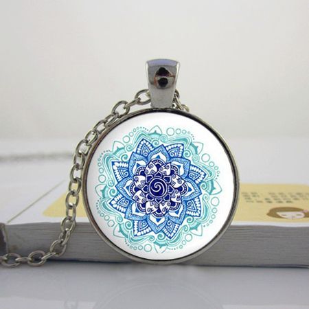 Caleidoscopio Mandala Collar Colgante Azul Cristal Cadena De Plata budista