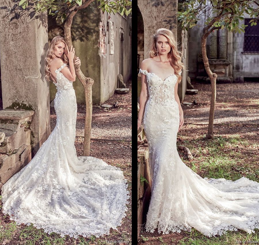 off the shoulder fit and flare wedding dress