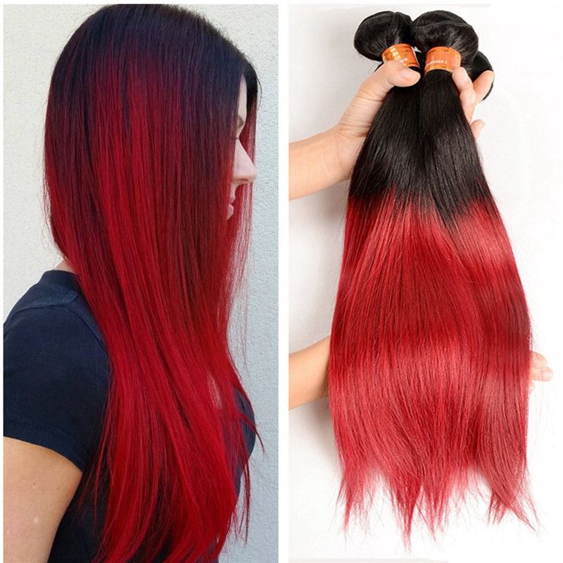 Two Tone Red Hair 3 Bundles Brazilian Virgin Human Hair Weave 1b Red Ombre  Hair Extension Red Colored Bundles