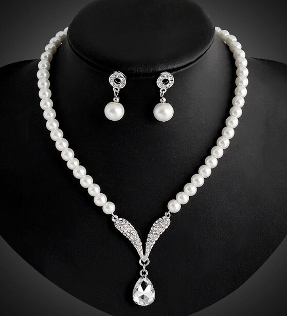 Ensemble de bijoux de demoiselle d'honneur pour mariage cristal strass larme en forme de goutte bijoux de mode collier de perles pendentifs boucle d'oreille ensembles de bijoux de fête