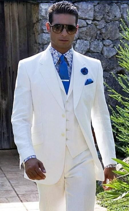 Summer Men's Linen Light Blue Slim Fit Groom Wedding Formal Suit Tuxedos Custom