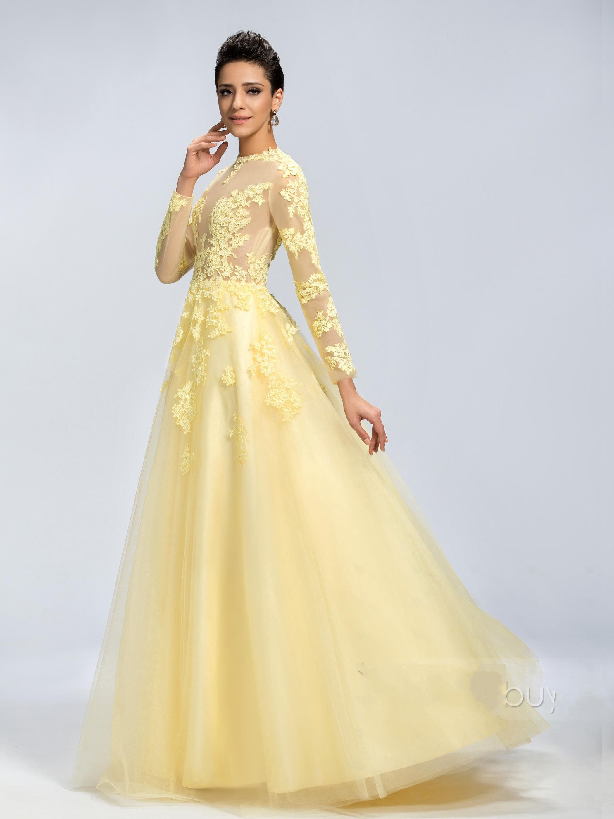 yellow evening gown with sleeves