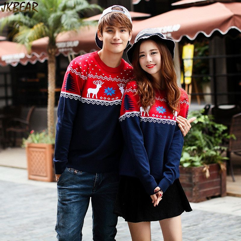 Compre Venta Al Por Mayor Contraste De Color A Juego Suéteres De Navidad Para Parejas Lindo Reno Copo De Nieve Impresos Jerseys S XXL A $30.13 Del
