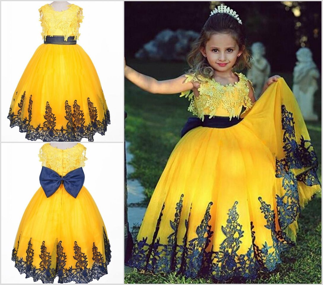 2016 Princess Yellow Pageant Gown Lace Flower Girl Dresses Wedding