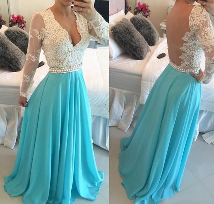 Elegante vestido de noche de manga larga azul marfil y azul vestidos una línea gasa sin Elegante vestido de noche de manga larga azul marfil y azul vestidos una línea gasa sin