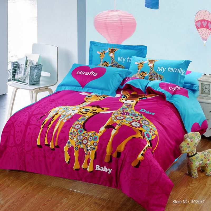 2019 100 Cotton Kids Cartoon Print Giraffe Bedding Set With 100 Cotton 4pcs Kids Cartoon Print Giraffe Bedding Set With Quilt Duvet Cover Bed Sheet Pillowcase Kings Queen Twin Size