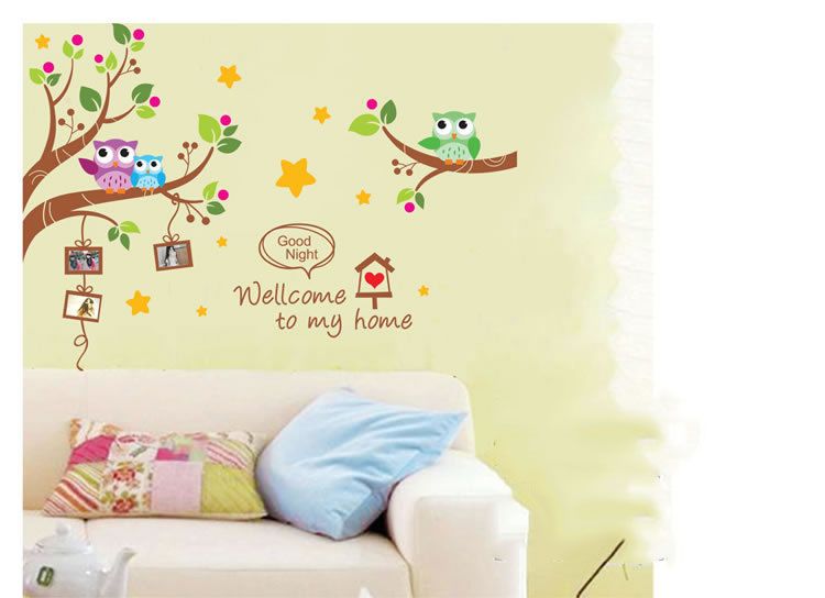 Welcome To My House Owls Family Tree Wall Art Decal Sticker Kids Room Nursery Wall Decoration Mural Poster Good Night Wall Quote Decal Decorative Wall - 