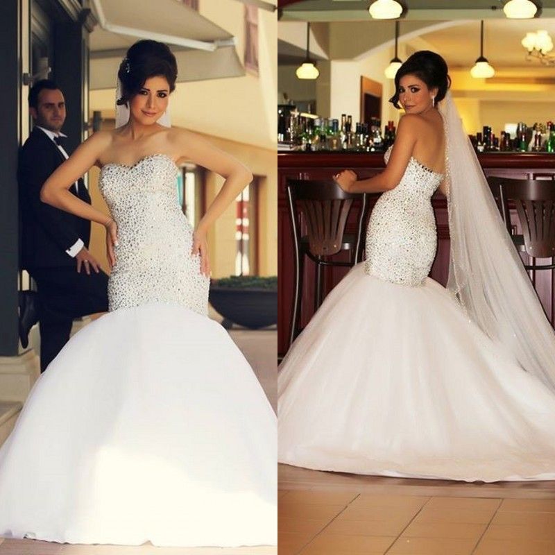Bling Bling Arabic Strapless Sequin Mermaid Wedding Dresses Luxury Crystals Top Fit And Flare Bridal Gowns With Chapel Train Custom Made From Weddingfactory 246 24 Dhgate Com