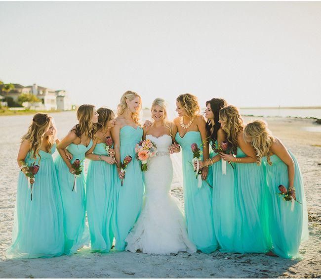 Turquoise 2019 vestidos de dama de vestido de fiesta de playa con una línea volante