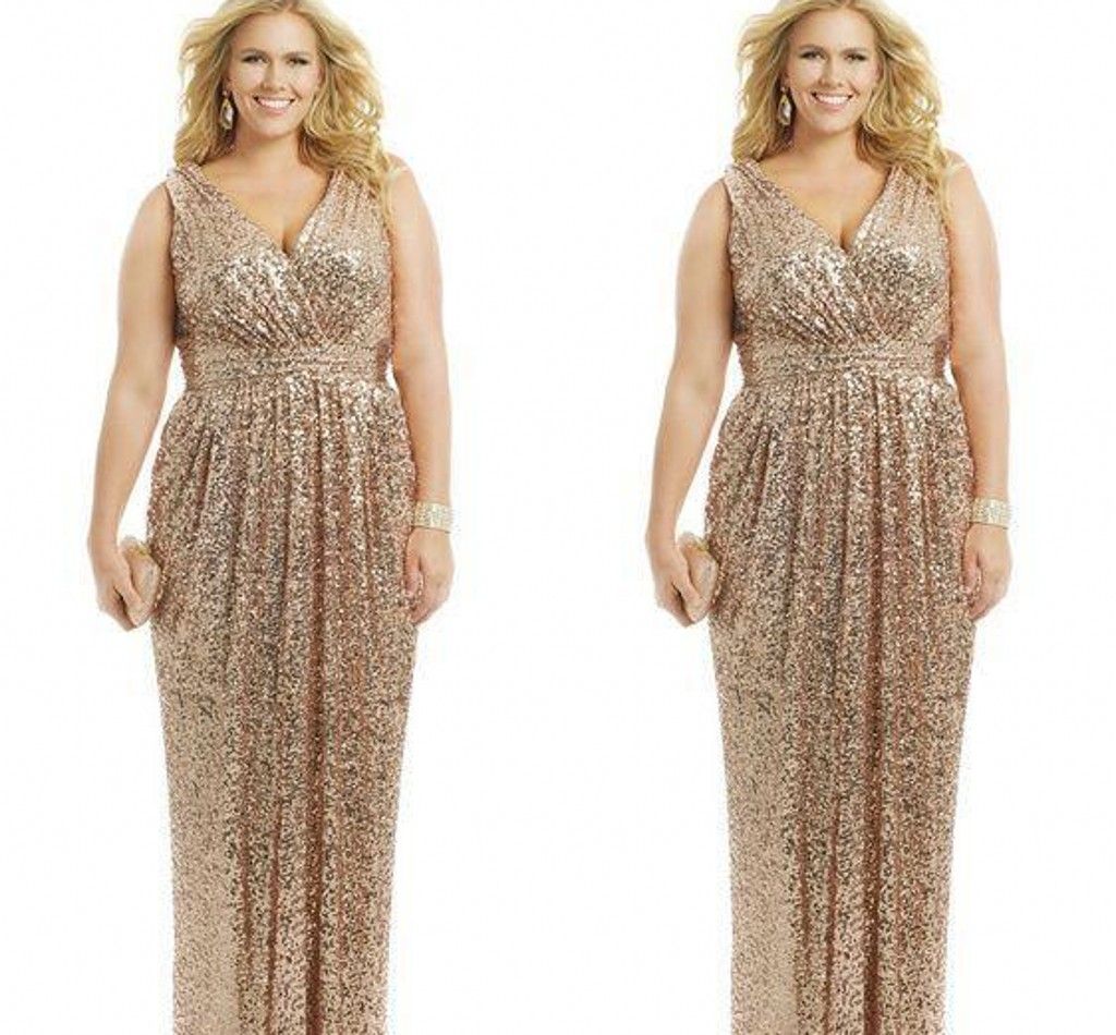 Sexy Plus Size Dresses Rose Gold Sequin Sheath V Neck Floor Length Evening Gowns Formal Mother Of The Bride Prom Dress Custom Free Prom Dresses Knee