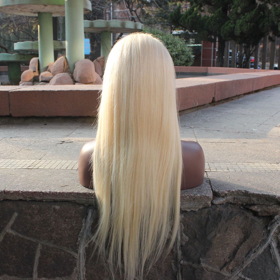 Platinum Blonde Full Lace Human Hair Wigs with bangs For White Women #60 Lace  Front Wigs