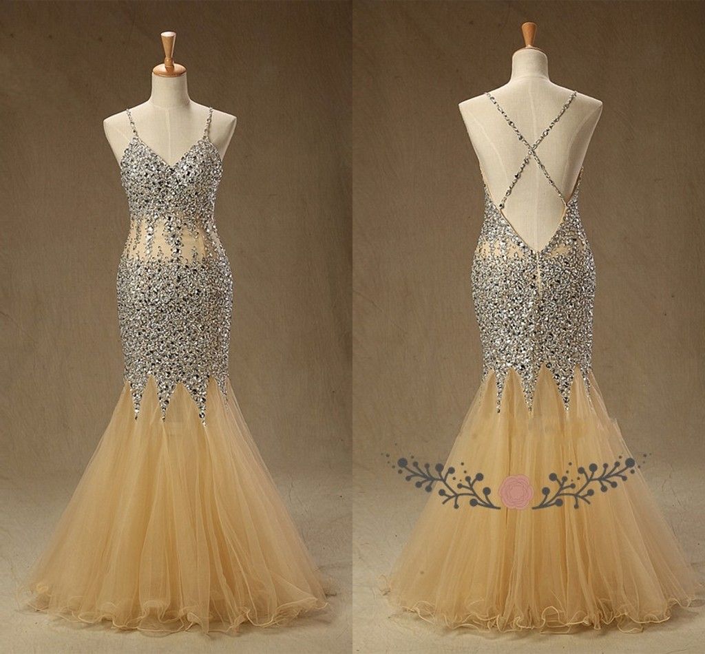 Mermaid Sheer See Through Beading Champagne Prom Dress