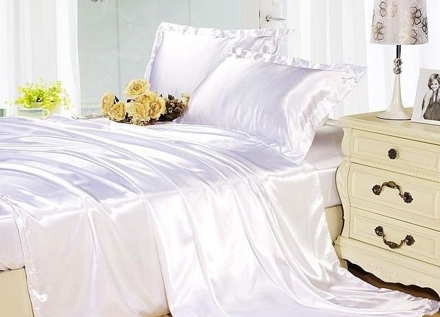 Silk Sheets Bedding Set White Cream Silk Satin King Size Double