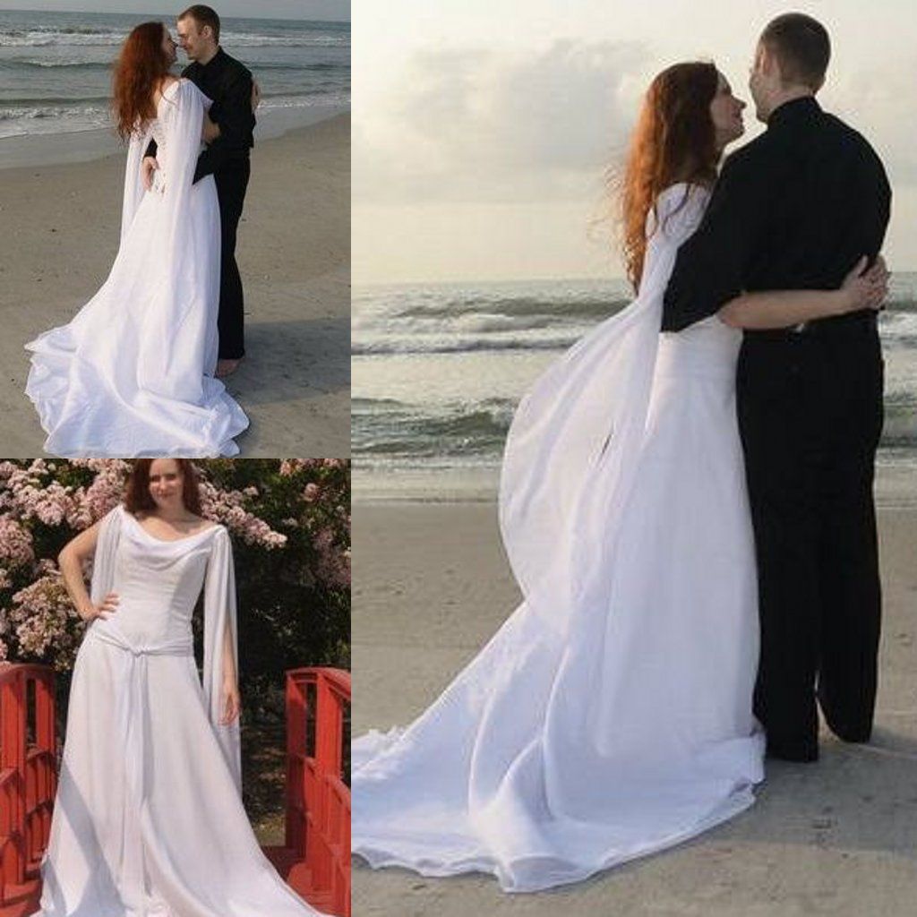 Retro Celtic Wedding Dresses With Long Sleeves Angel Wings Flowing Chiffon Sweep Train Lace Up Beach Bridal Gowns Modest Sheath Wedding Gown Vintage