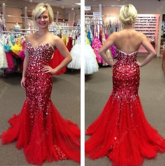 red mermaid tail prom dress