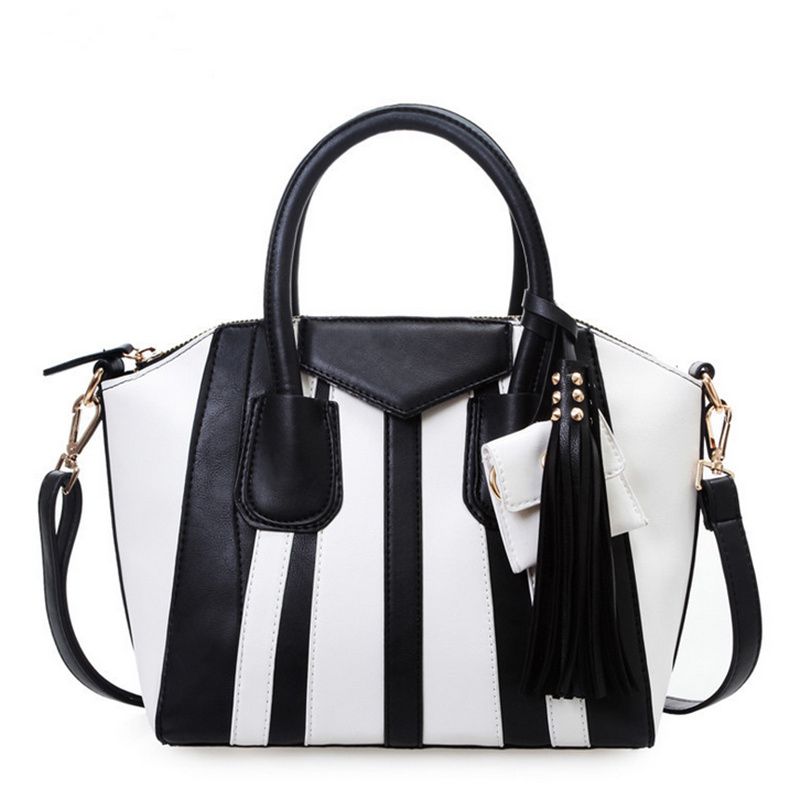Trend Womens Dual Use Bag Black And White Striped Leather Handbag With ...