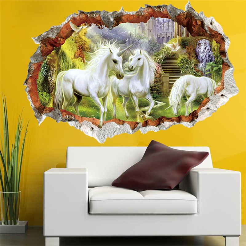 Acquista Adesivo Da Parete Unicorno Di Colore Pieno Ragazze Ragazzi Fiaba Camera Da Letto 3d Rotto Windoe Decorazioni Murale Rimovibile Home Decor