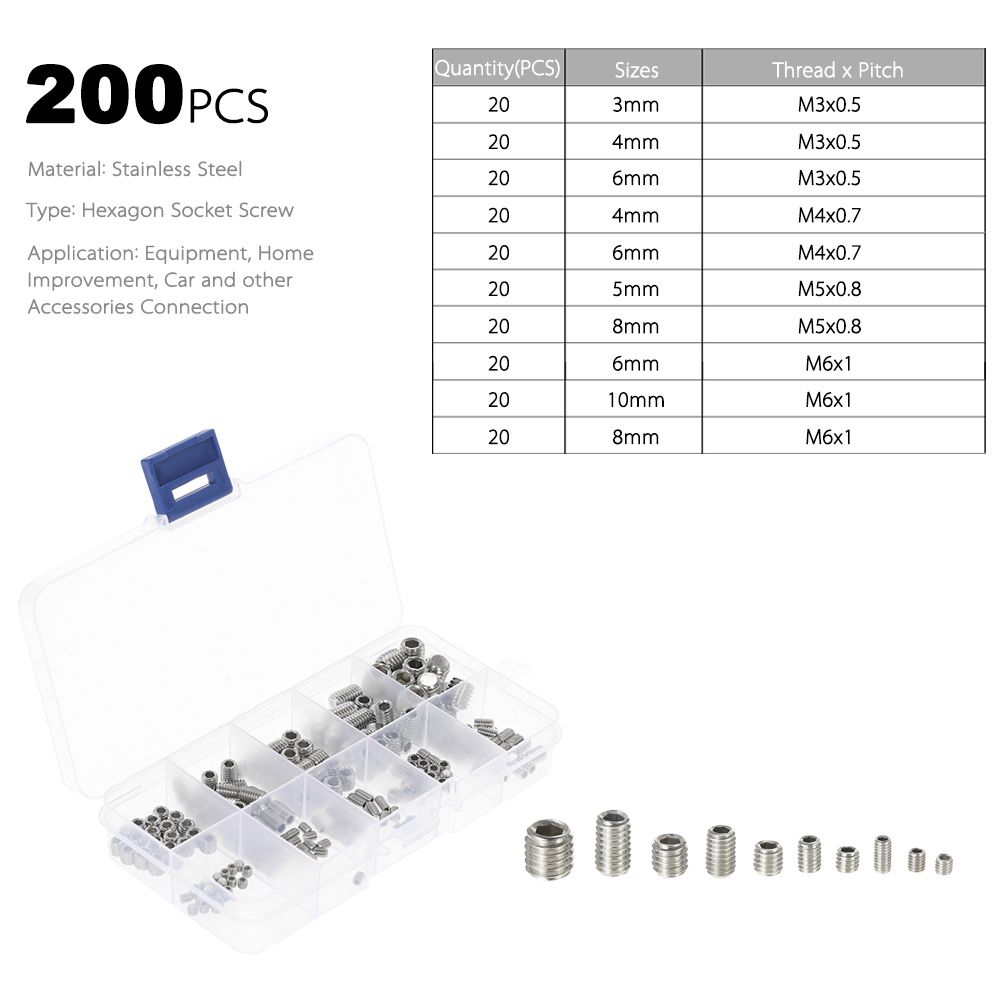 200 pcs Tornillo Grub de Acero Inoxidable Hexagonal Surtido Kit M3-M8